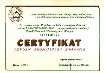 Certyfikat Szkoły Promującej Zdrowie